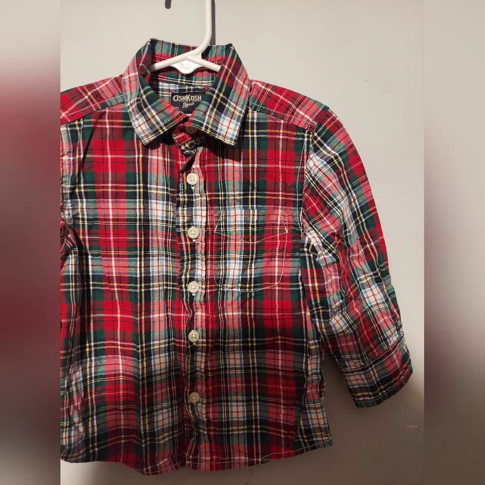 OshKosh B’Gosh Button Down Shirt Size 2T Red Baby Boy Plaid Christmas School